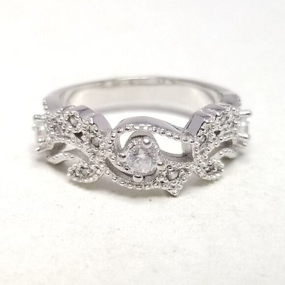 Vintage Sterling Silver and Rhinestone Inset Ring Size 7 1/2 Band, Scroll Design - Picture 2 of 9